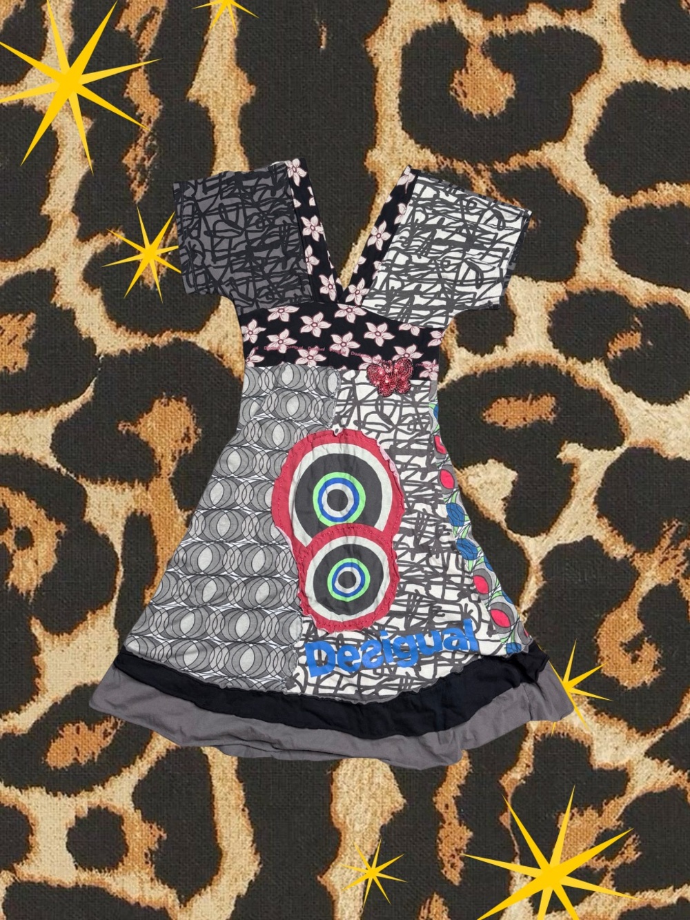DESIGUAL | Vintage Y2K Multi-Pattern Patchwork A-Line Midi Dress | Size Small